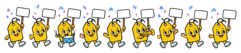 A parade of tiny Stonkos marching with signs, a drum and a trumpet